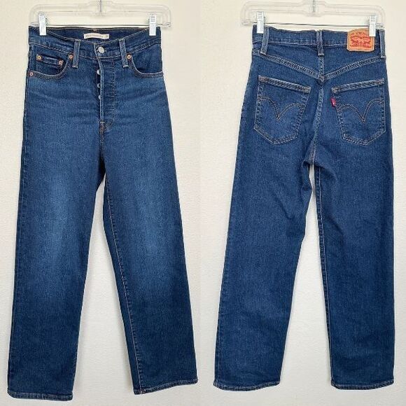 Levi's Ribcage Straight Ankle Button Fly Medium Wash Jeans Womens 25x27 Waist 25 - Picture 1 of 11
